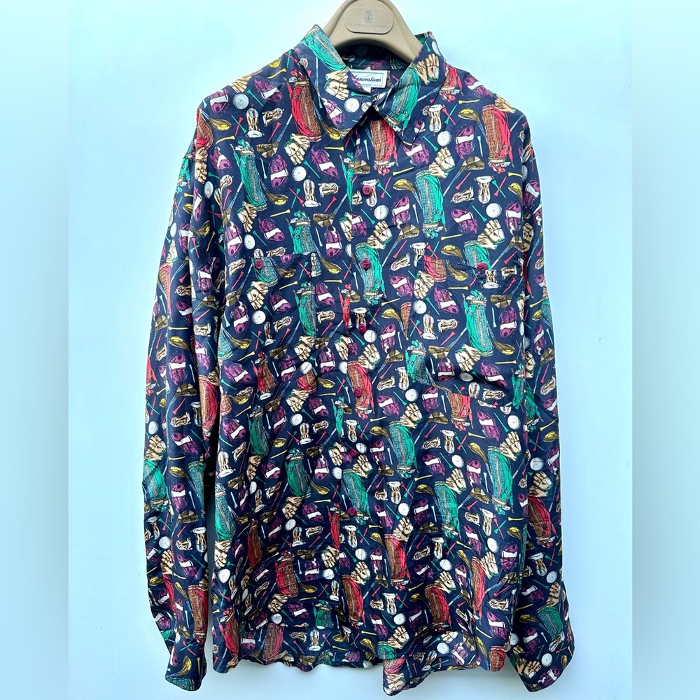 100% Silk Golf Motif Colorful Patterned Button-Up Shirt, L